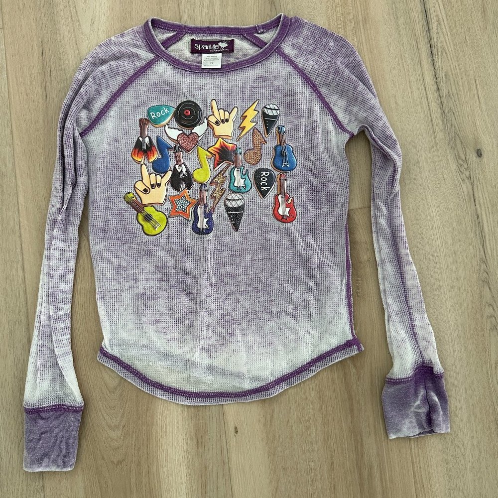 Sparkle by Stoopher purple long sleeve waffle with rock and roll icons